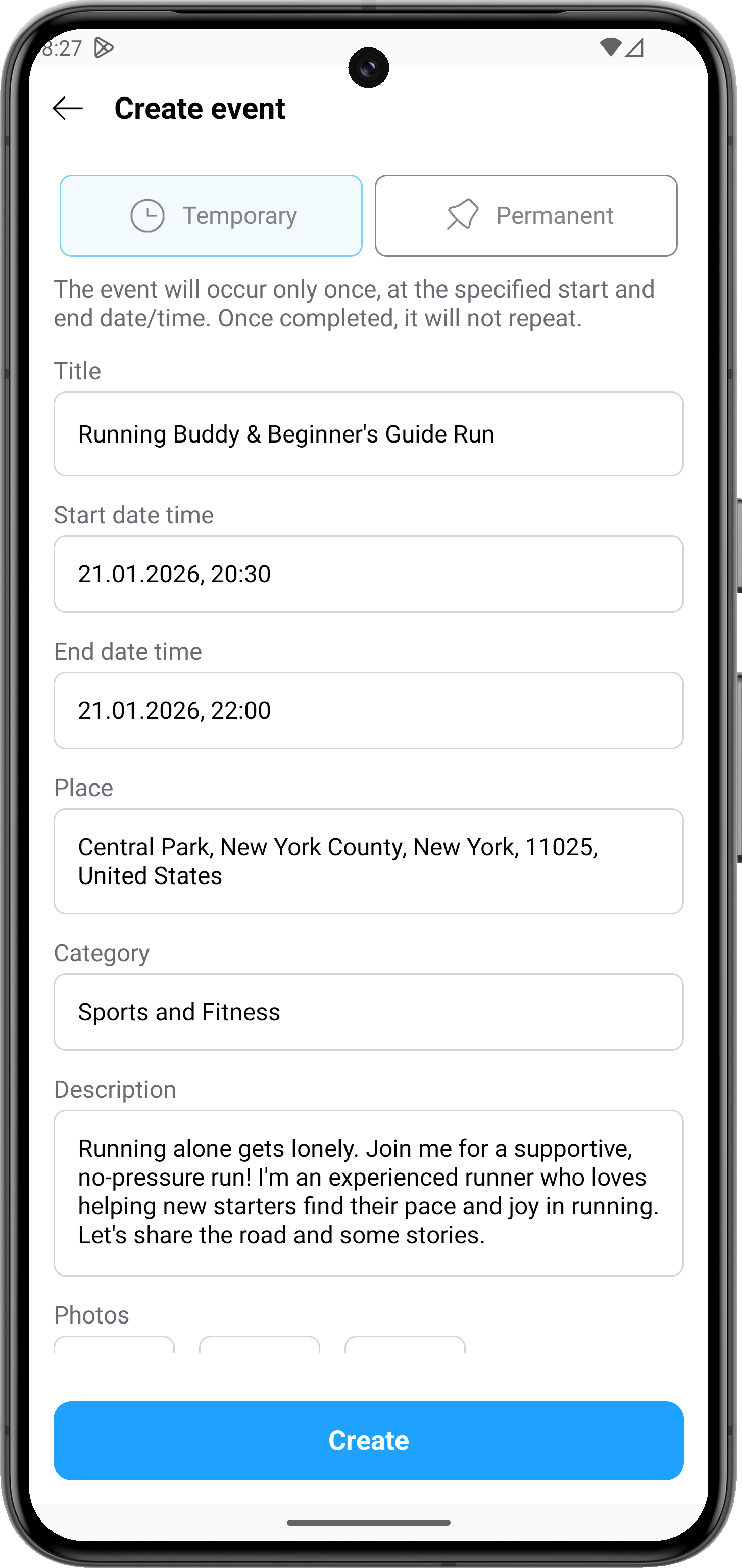 Event creation screenshot